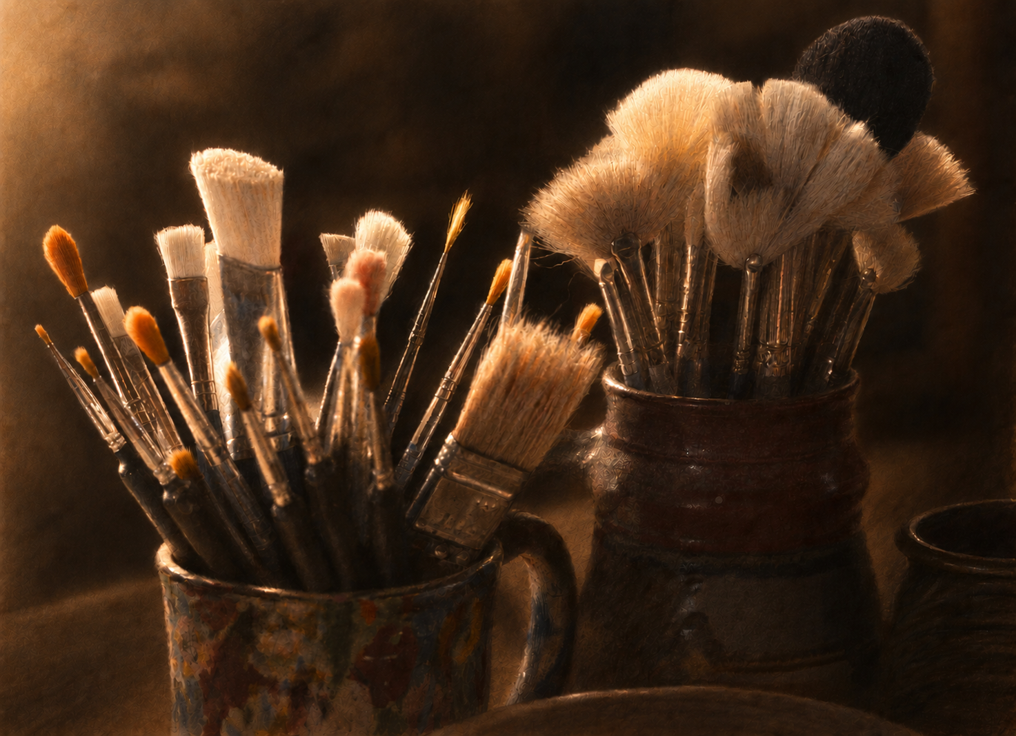 Warmly lit artist’s paintbrushes gathered in studio containers.