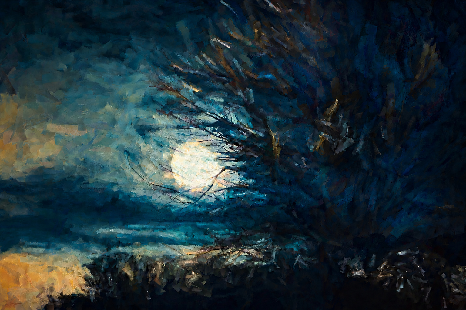 A luminous moon behind dark branches, rendered in painterly blues, teals, and touches of gold.